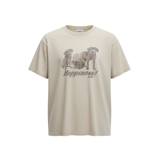 "Happiness" Vintage Dog Graphic Unisex Tee (Cream) - Size XL