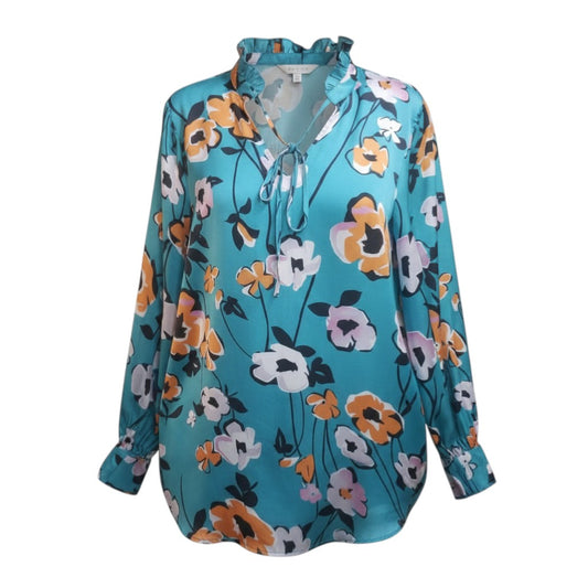 Azure Floral Ruffle-Neck Satin Top (Teal/Marigold)