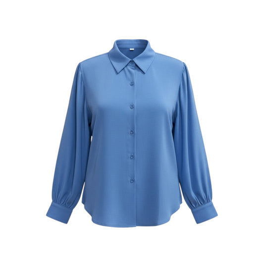 Azure Sky Puff-Sleeve Silk Shirt (Cornflower Blue) — Free Size
