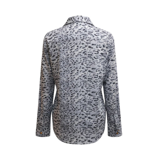 Arctic Leopard Button-Down Chiffon Blouse (Steel Blue/Grey)
