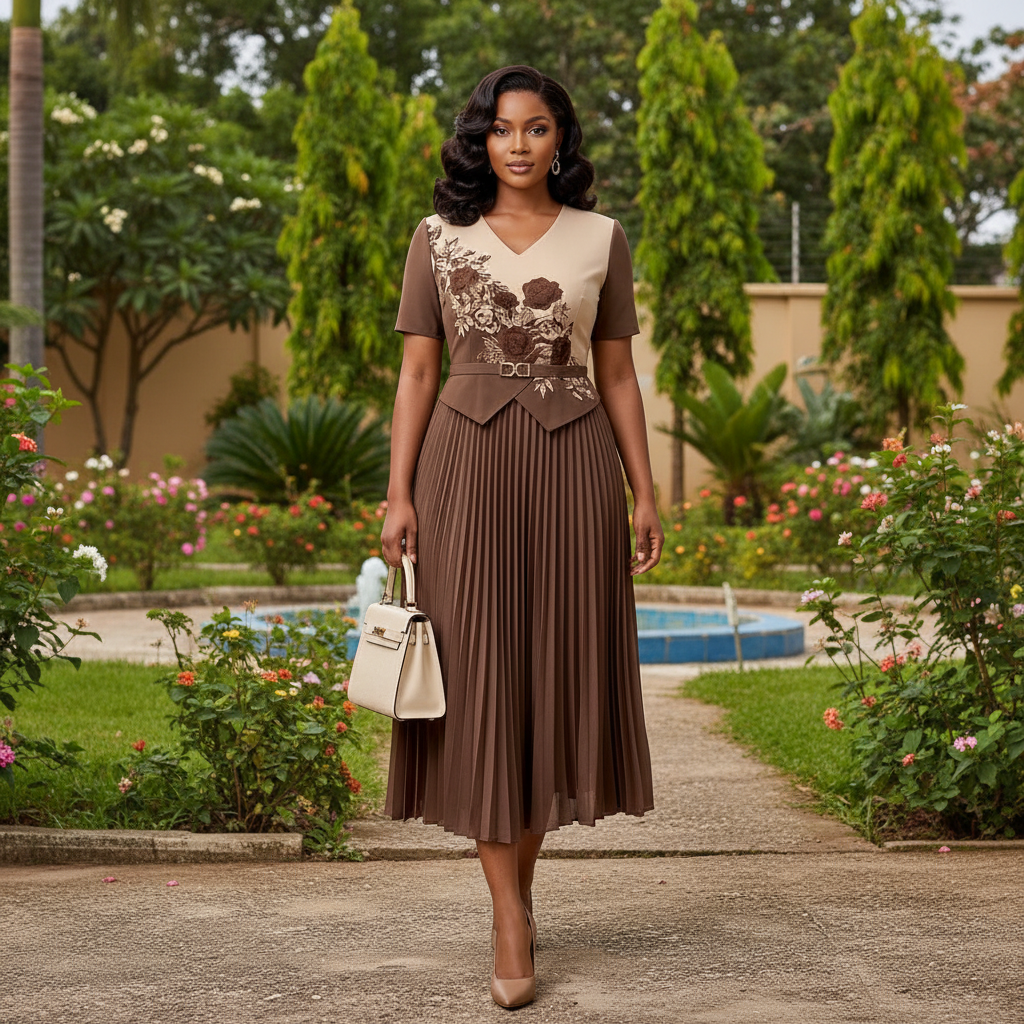 Women's Brown Floral Pleated Midi Gown