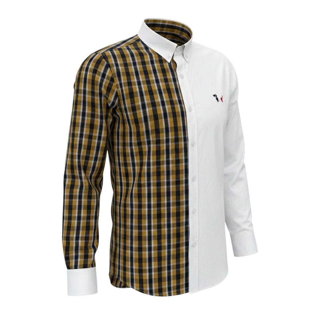 Two-Tone Split Olive Plaid and White Long-Sleeve Button-Down Shirt with Embroidered Dog Motif