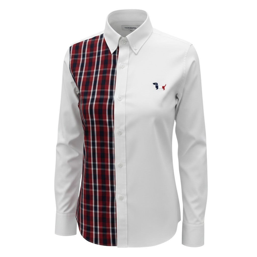 White and Burgundy Plaid Split-Panel Long-Sleeve Button-Down Shirt with Embroidered Dog Motif
