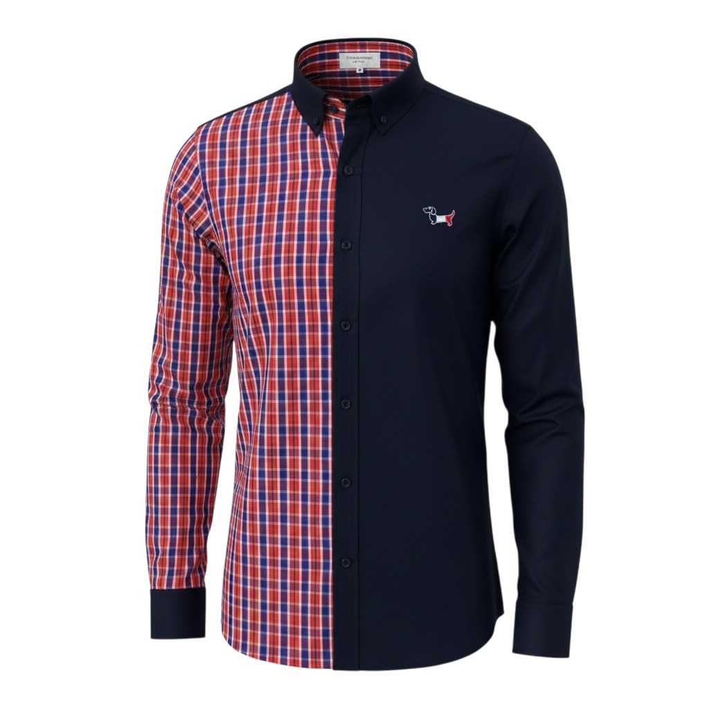 Navy and Red Plaid Split-Panel Long-Sleeve Button-Down Shirt with Embroidered Dog Motif