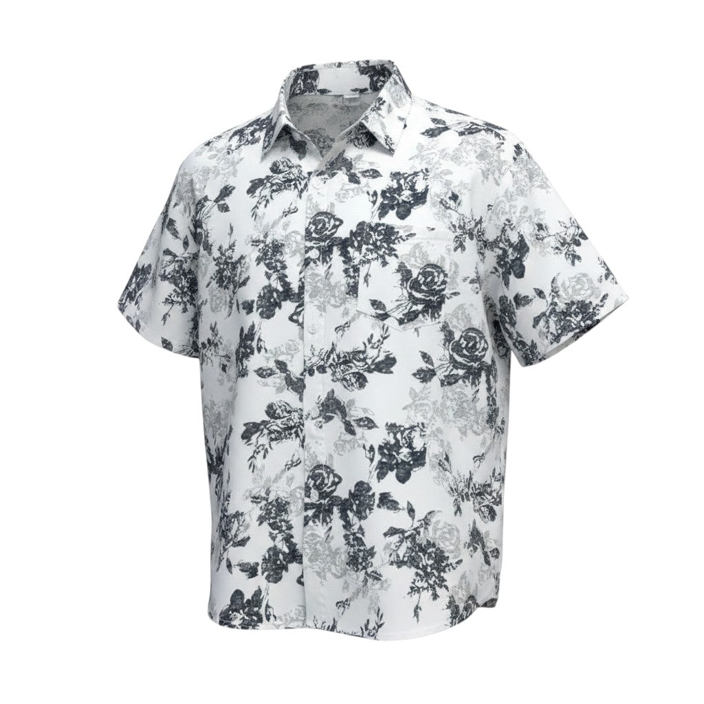 White All-Over Monochrome Rose Bouquet Floral Print Short-Sleeve Button-Down Shirt
