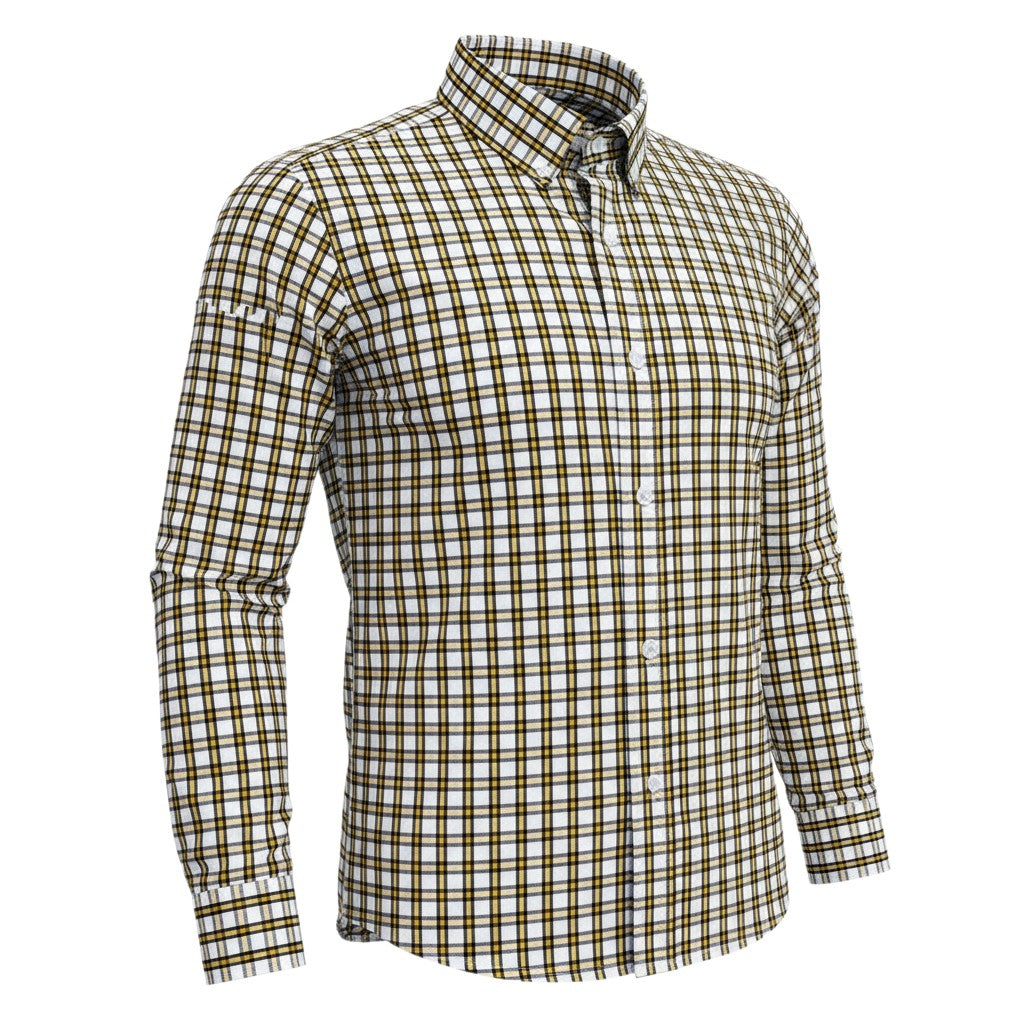 White Base Fine Yellow and Brown Micro-Check Long-Sleeve Button-Down Shirt