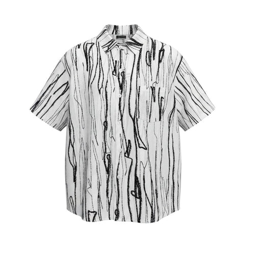 White All-Over Black Abstract Brushstroke Scribble Print Short-Sleeve Button-Down Shirt