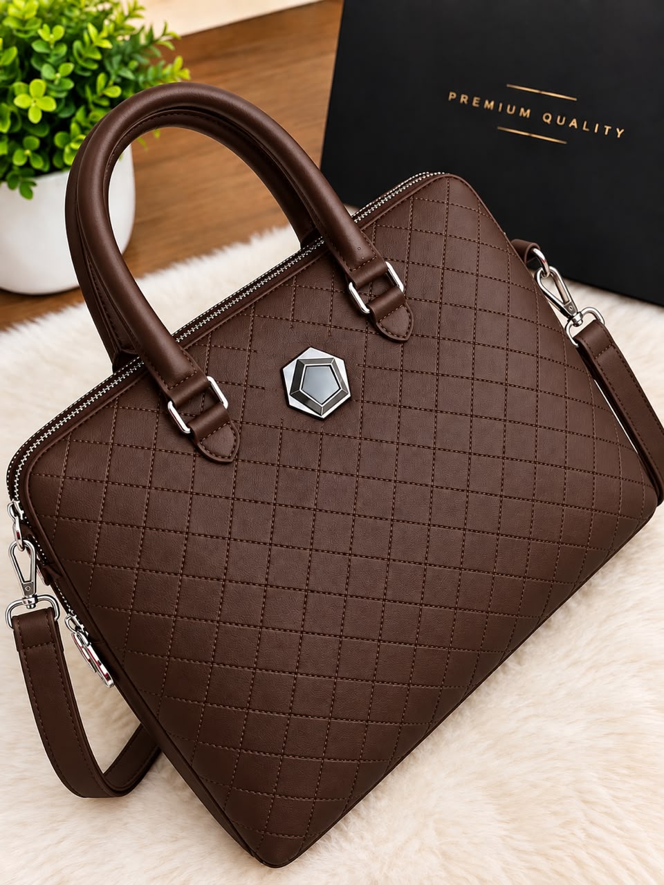 Original brown grid-stitched top-handle bag with shoulder strap