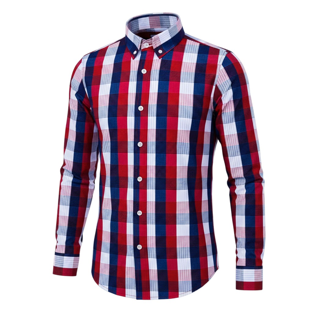 Red Navy and White Bold Large Plaid Check Long-Sleeve Button-Down Shirt