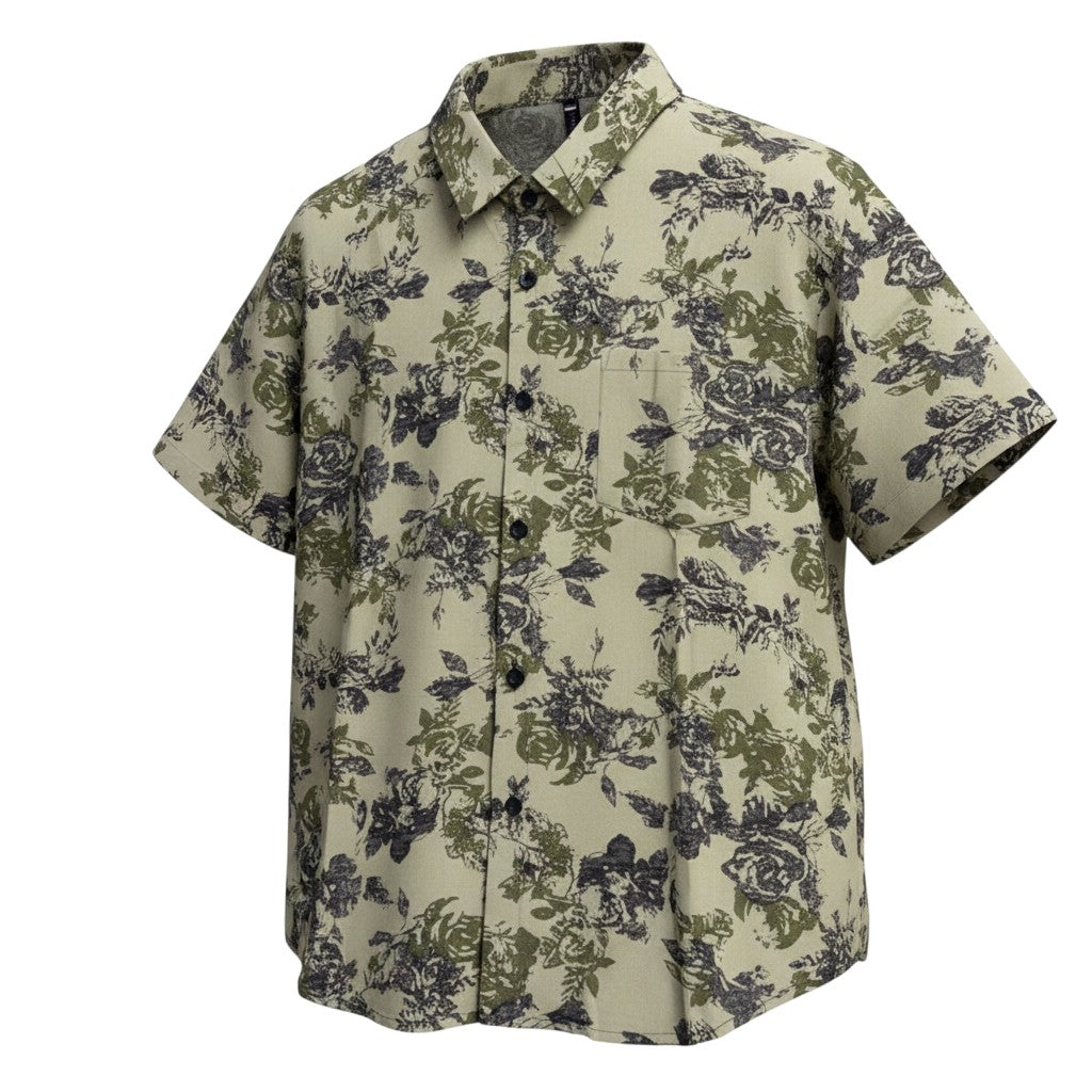 Sage Green All-Over Rose Floral Camo Print Short-Sleeve Button-Down Shirt
