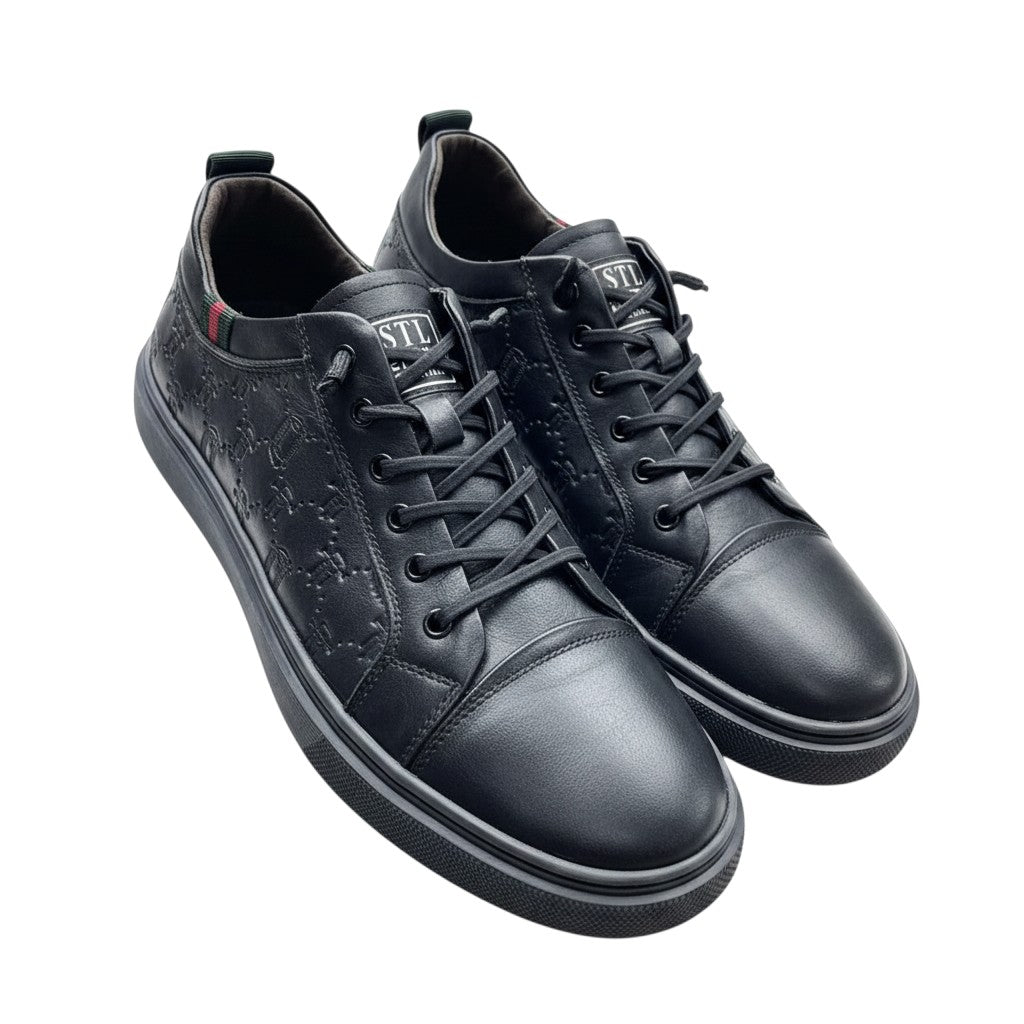 Men's Black Monogram Embossed Leather Low-Top Sneakers - product shot