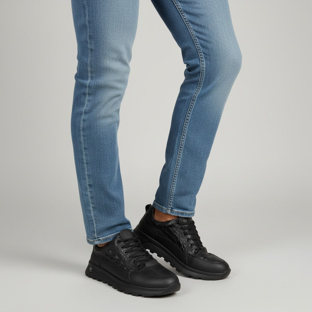 Men's Black Full Croc-Texture Low-Top Sneakers