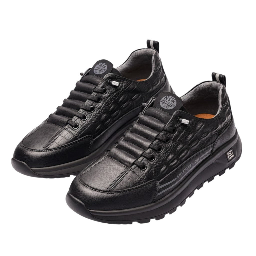 Men's Black Croc-Texture Chunky Low-Top Sneakers - product shot
