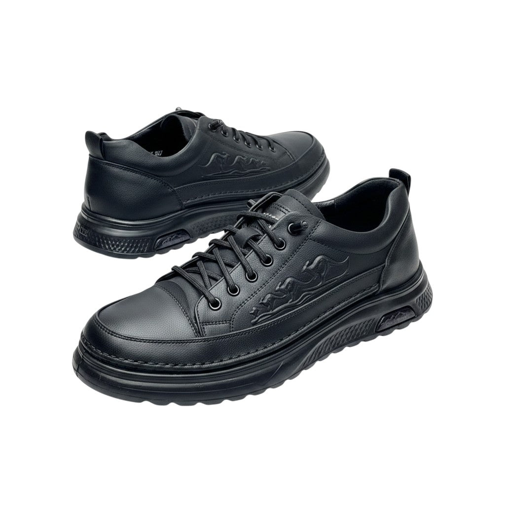 Men's Black Flame Embossed Leather Low-Top Sneakers - product shot