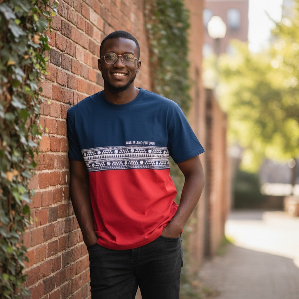 Wallis and Futuna Colorblock Unisex Graphic Tee (Blue &amp; Red) - Size XL