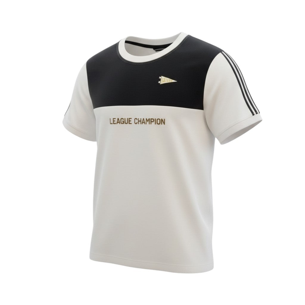 "League Champion" Colorblock Varsity Unisex Tee (Cream/Black) - Size L