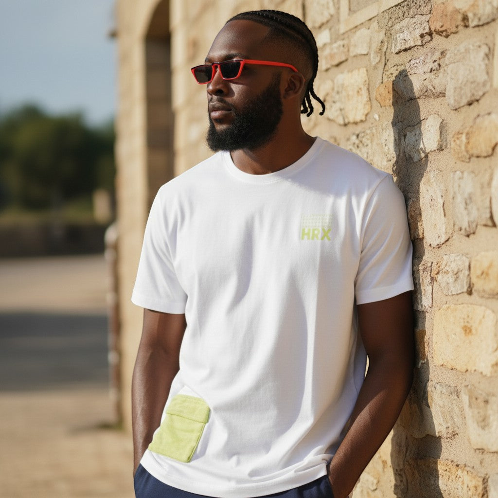HRX Utility Pocket Performance Unisex Tee (White/Lime) - Size XL