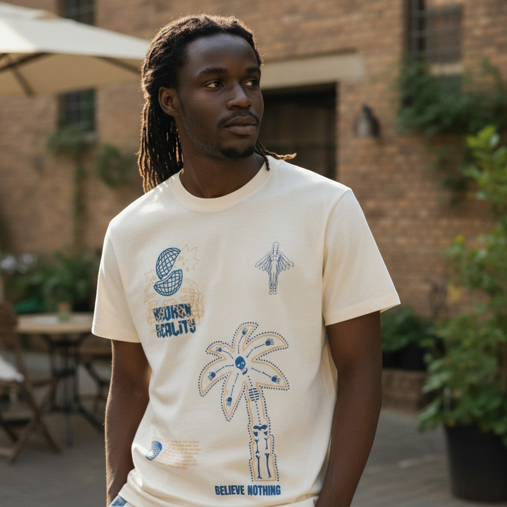 "Broken Reality" Surreal Graphic Unisex Tee (Cream) - Size XXL