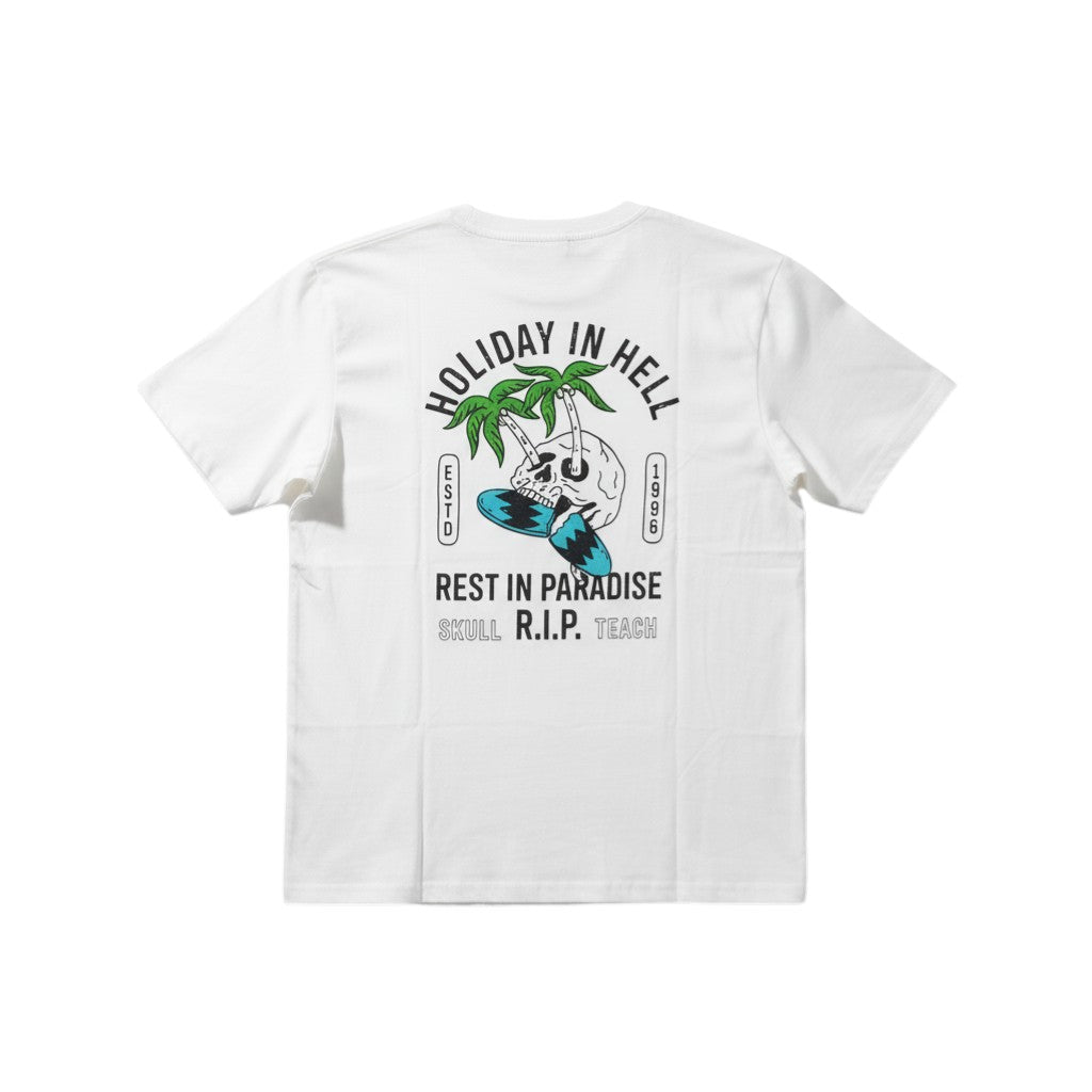 "Holiday In Hell" Tropical Skull Unisex Graphic Tee (Off-White) - Size L