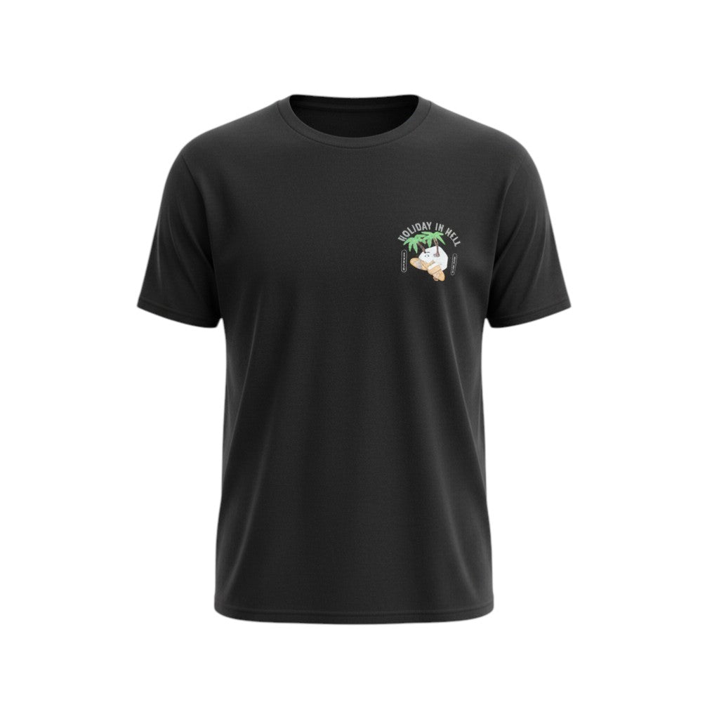 "Holiday In Hell" Tropical Skull Unisex Graphic Tee (Black) - Size L