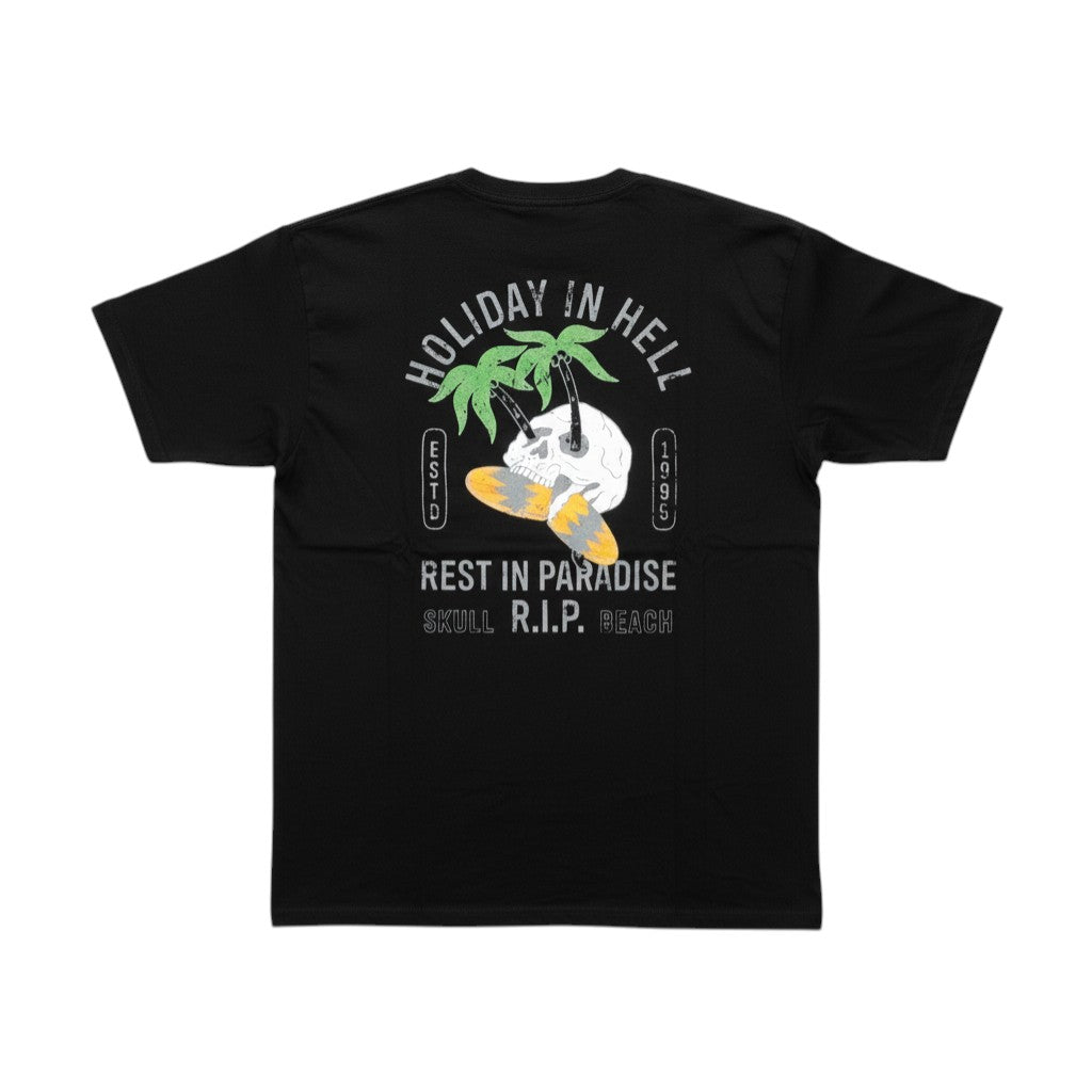 "Holiday In Hell" Tropical Skull Unisex Graphic Tee (Black) - Size L