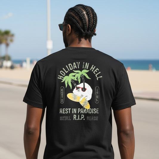 "Holiday In Hell" Tropical Skull Unisex Graphic Tee (Black) - Size L