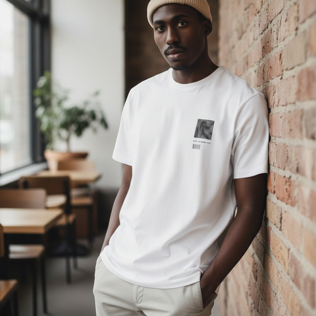 "New Dimension" Abstract Graphic Unisex Tee (White) - Size XL