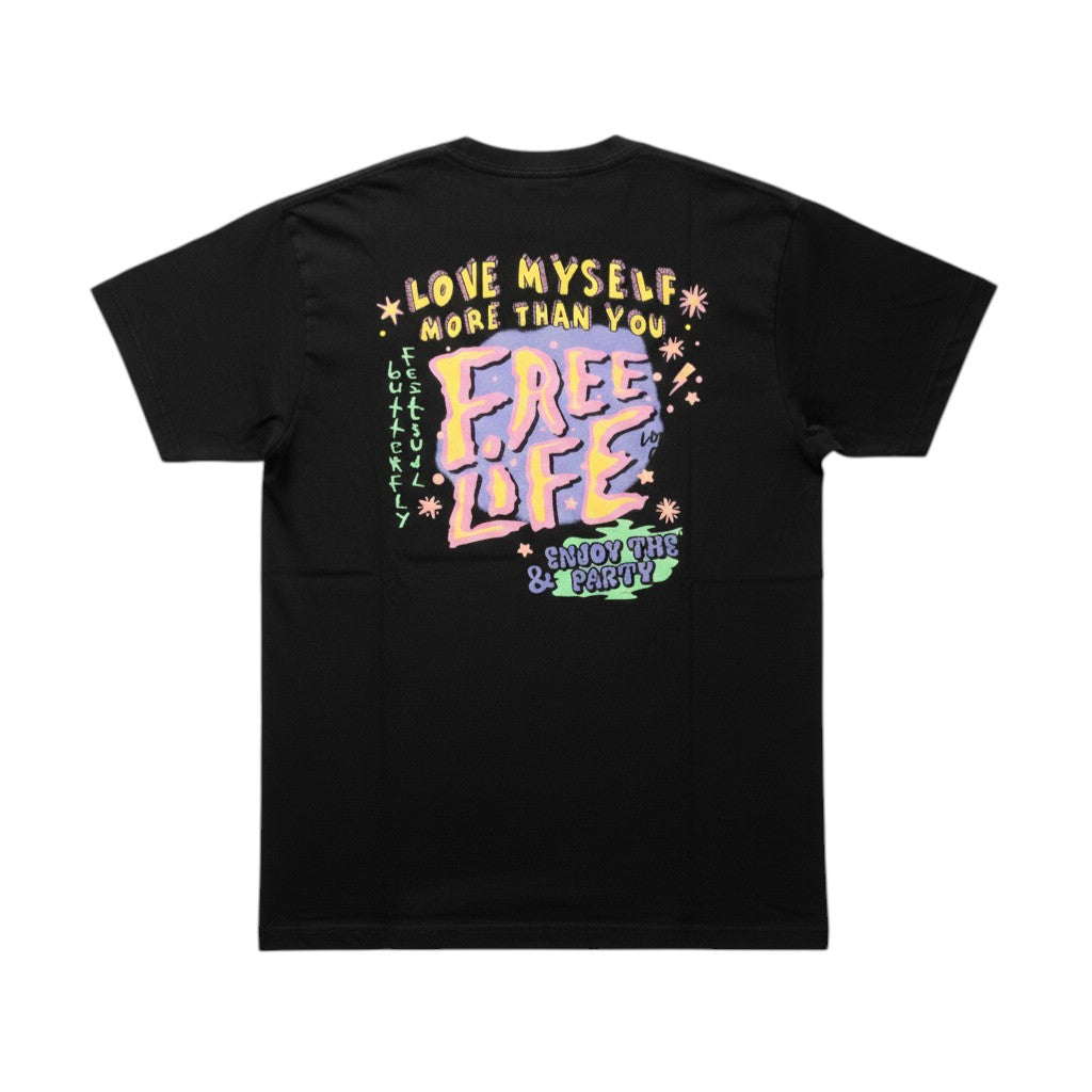 "Free Life" Neon Festival Unisex Graphic Tee (Washed Black) - Size M