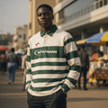 lets Frans Striped Long-Sleeve Rugby Shirt (Cream/Green) - Size L