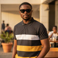 "50 Shades" Multi-Stripe Block Unisex Polo (Charcoal/Yellow) - Size L