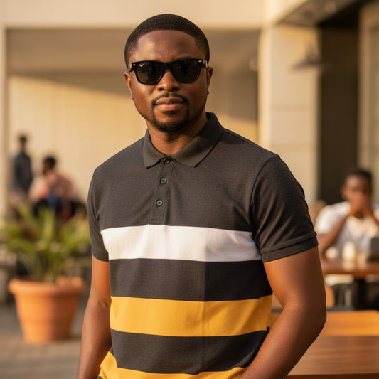 "50 Shades" Multi-Stripe Block Unisex Polo (Charcoal/Yellow) - Size L