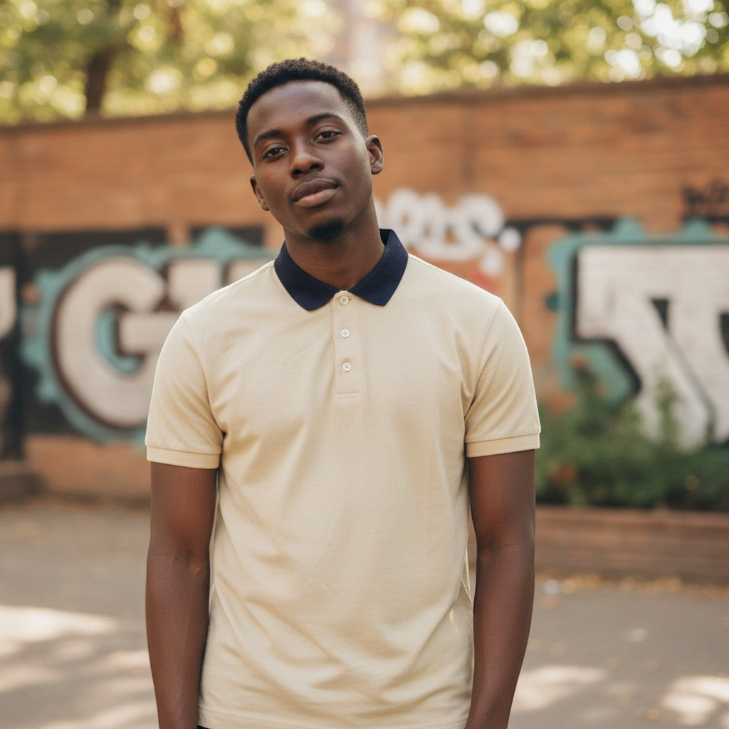 Contrast Collar Essential Unisex Polo (Pale Yellow/Navy) - Size XL