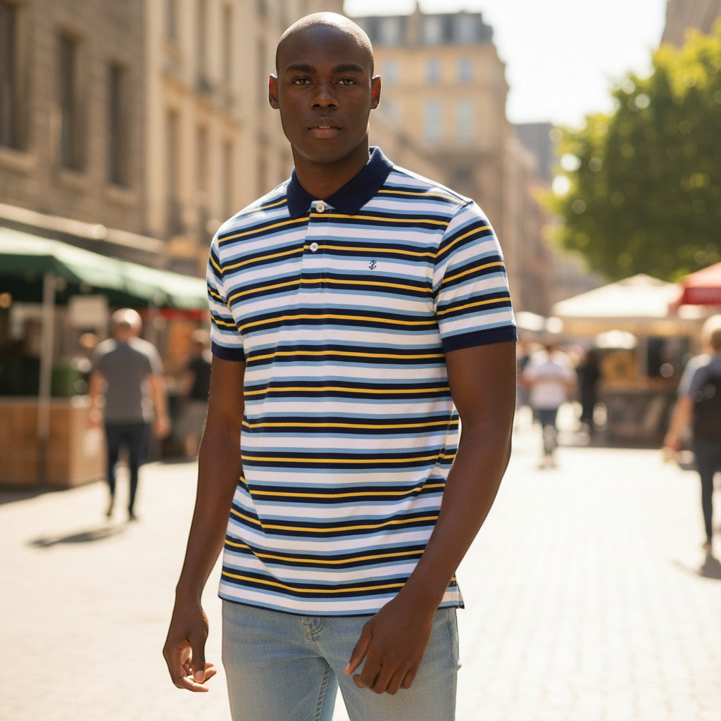 IZOD Multi-Stripe Heritage Unisex Polo (Navy/Yellow) - Size XL