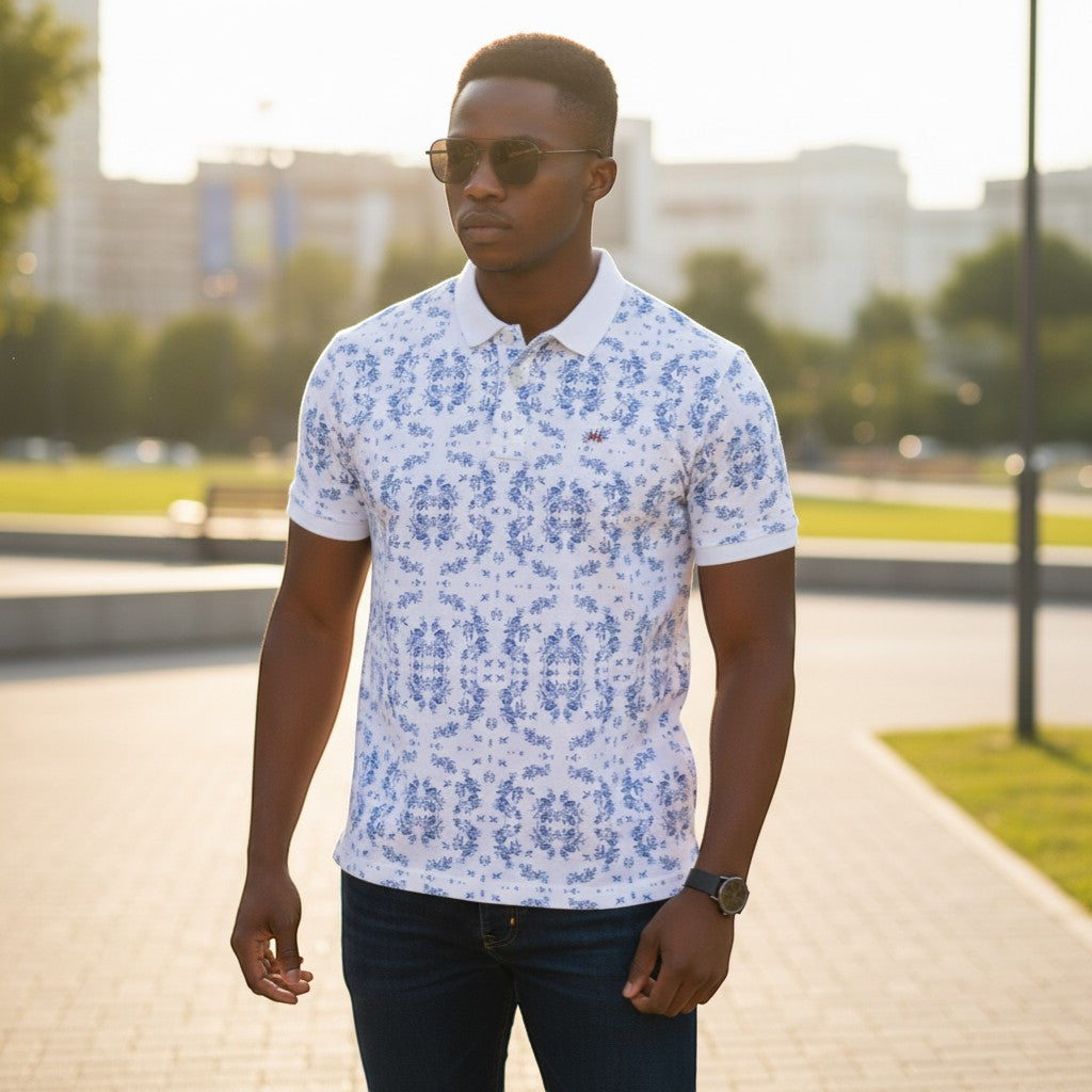 Porcelain Floral Print Unisex Polo (White/Blue) - Size XXL