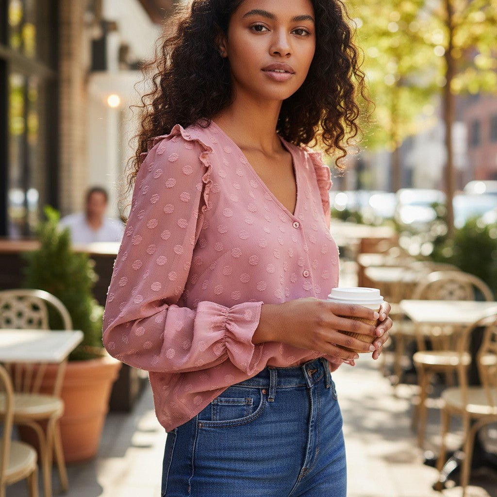 Rose Dotted Swiss Ruffle Blouse