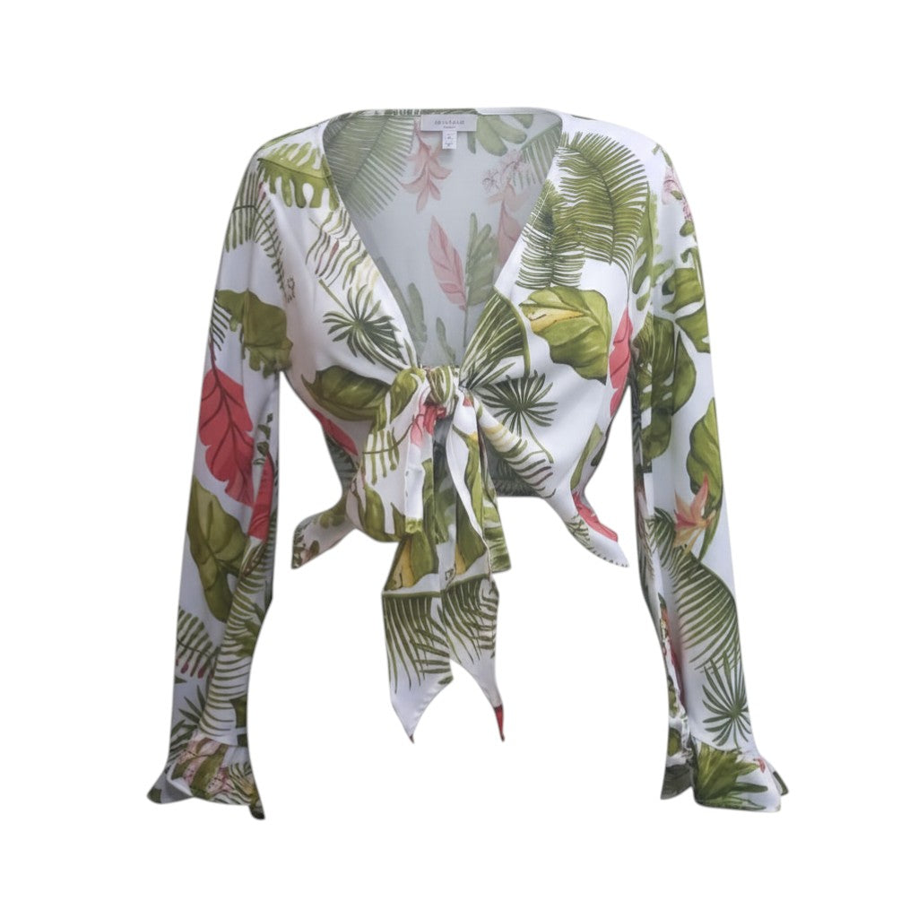Tropical Oasis Tie-Front Chiffon Top (White/Botanical) - Size L