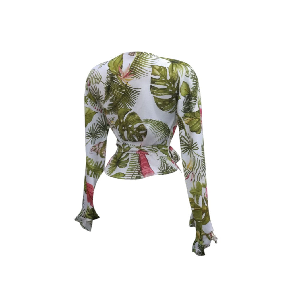 Tropical Oasis Tie-Front Chiffon Top (White/Botanical) - Size L