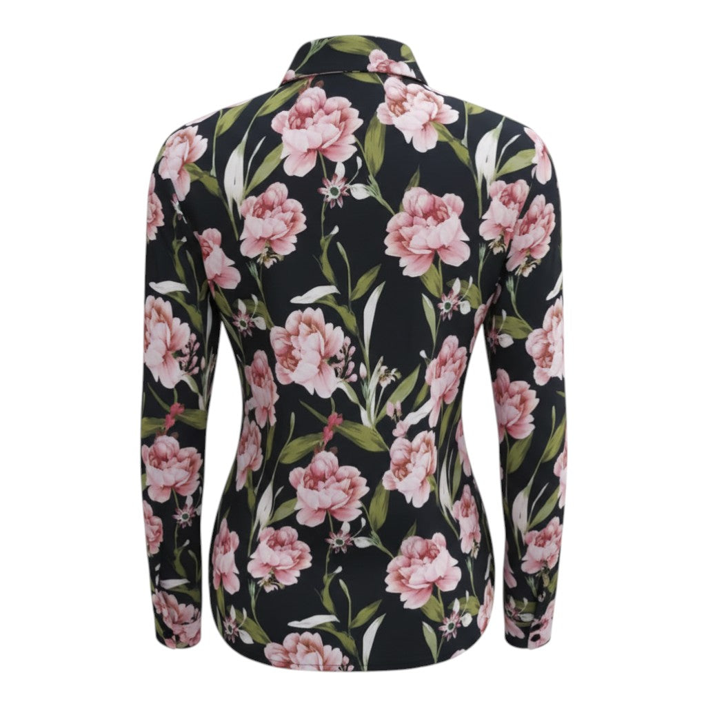 Midnight Peony Pussy-Bow Chiffon Top (Black/Pink Floral)