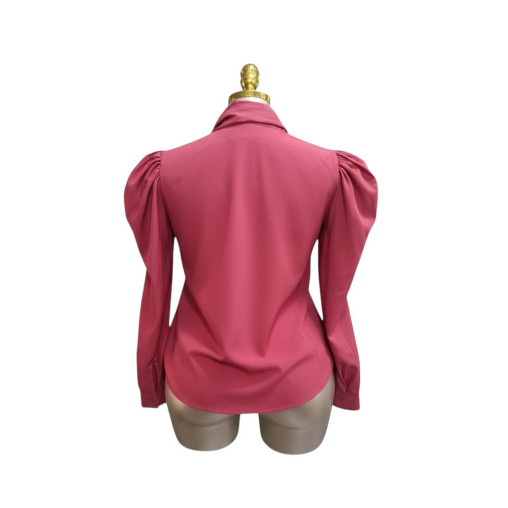 Victorian Glam Puff-Sleeve Bow Top (Rose Red)