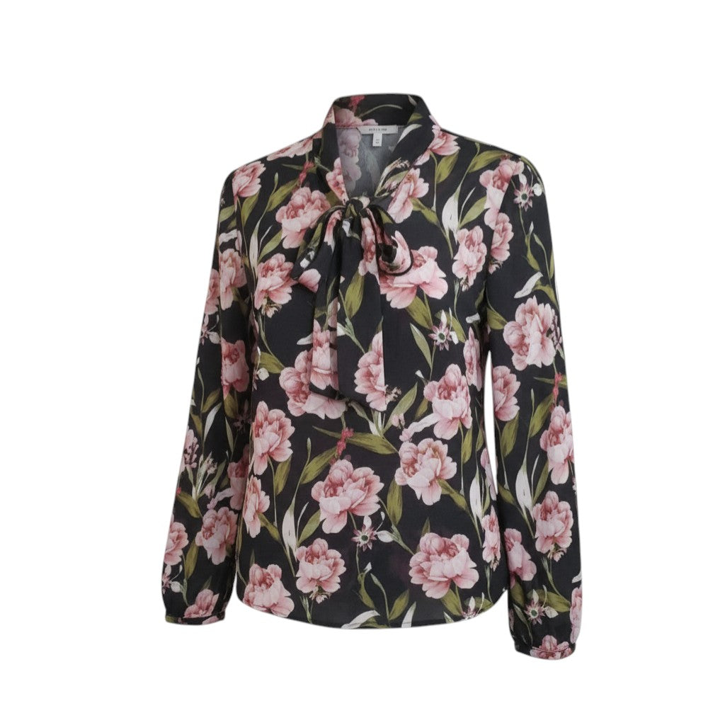 Midnight Peony Pussy-Bow Chiffon Top (Black/Pink Floral)