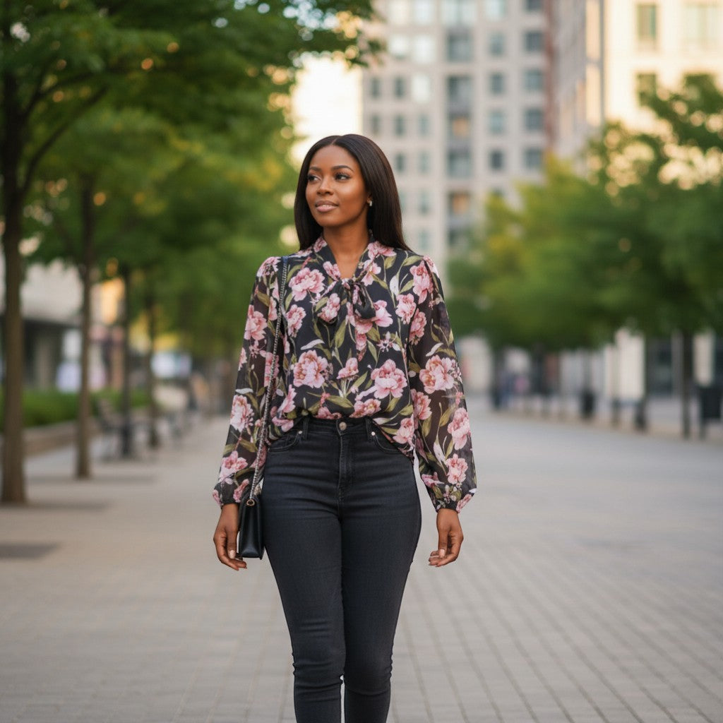 Midnight Peony Pussy-Bow Chiffon Top (Black/Pink Floral)
