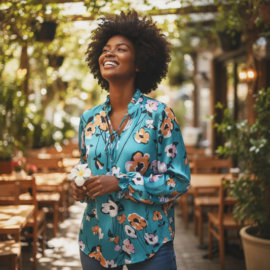 Azure Floral Ruffle-Neck Satin Top (Teal/Marigold)