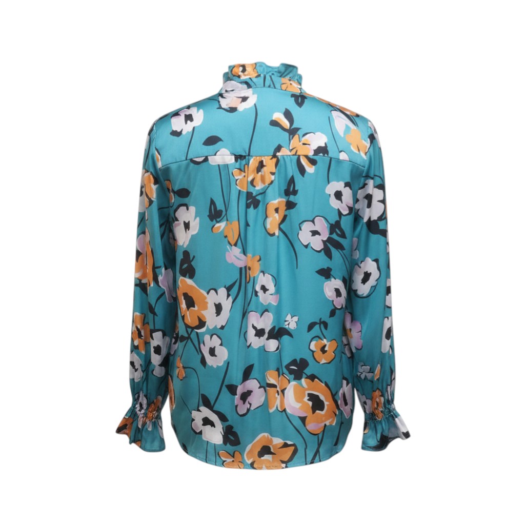 Azure Floral Ruffle-Neck Satin Top (Teal/Marigold)