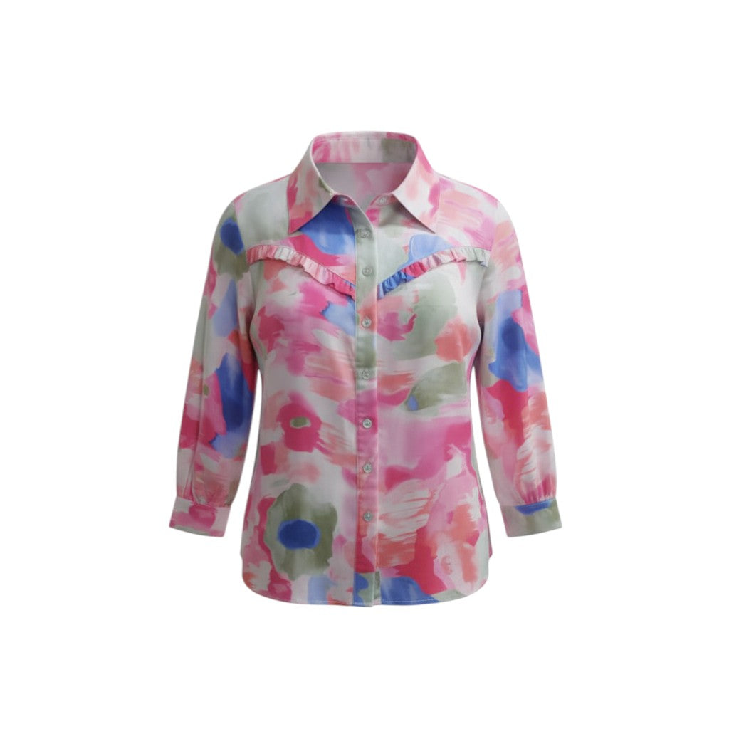 Watercolor Dream Ruffle-Trim Silk Shirt (Multicolor/Pink)