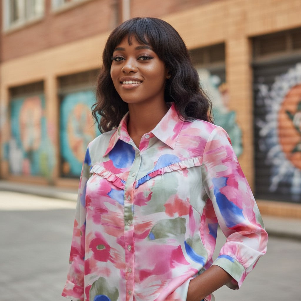 Watercolor Dream Ruffle-Trim Silk Shirt (Multicolor/Pink)