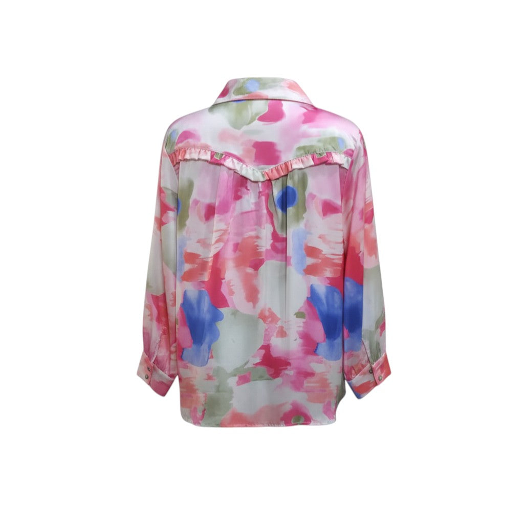 Watercolor Dream Ruffle-Trim Silk Shirt (Multicolor/Pink)