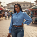 Azure Sky Puff-Sleeve Silk Shirt (Cornflower Blue) -� Free Size
