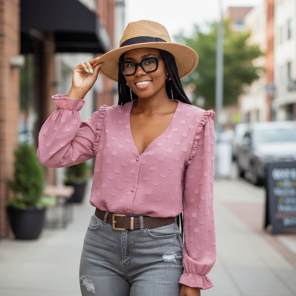 Petal Pink Swiss Dot Ruffle Top (Dusty Rose)