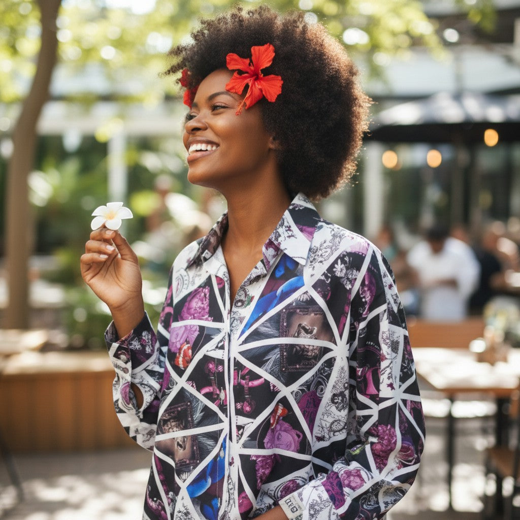 Mosaic Muse Geometric Silk Top (Midnight/Magenta) -� One Size