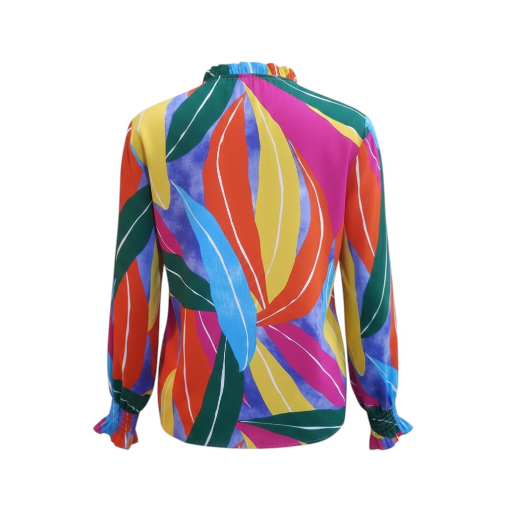 Paradise Plumage Abstract V-Neck Top (Multi-Color) -� Size L